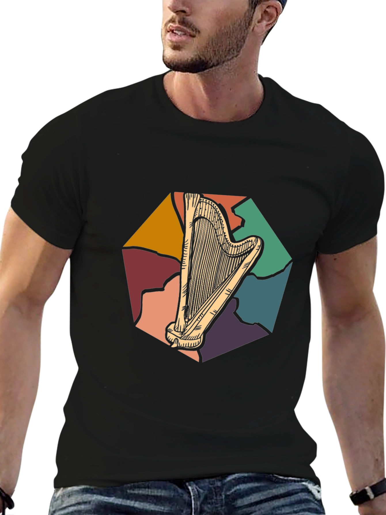 Retro Harp Graphic Tee - Musical Instrument T-Shirt