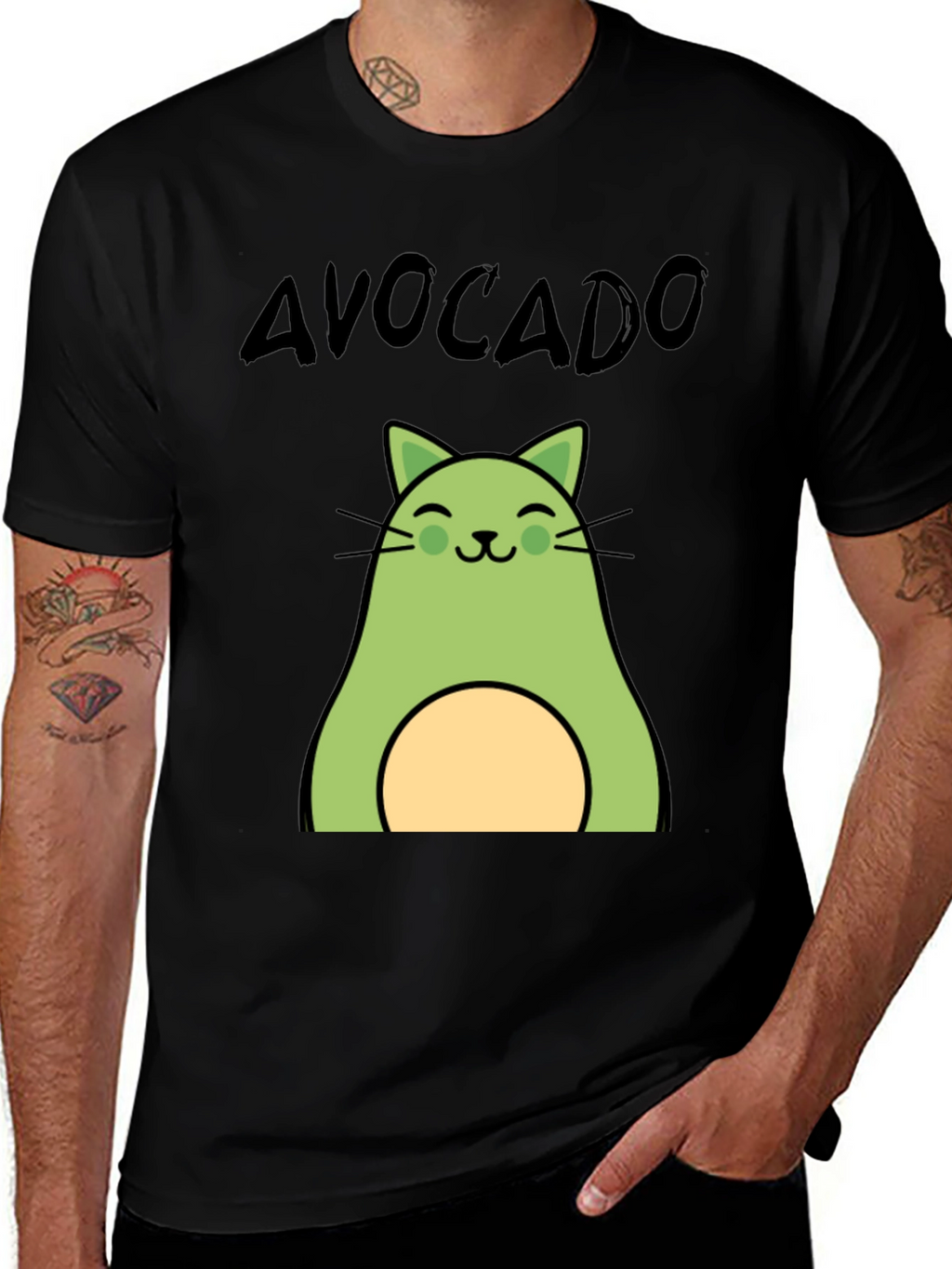 Avocado Cat Graphic Tee - Unisex Black T-Shirt