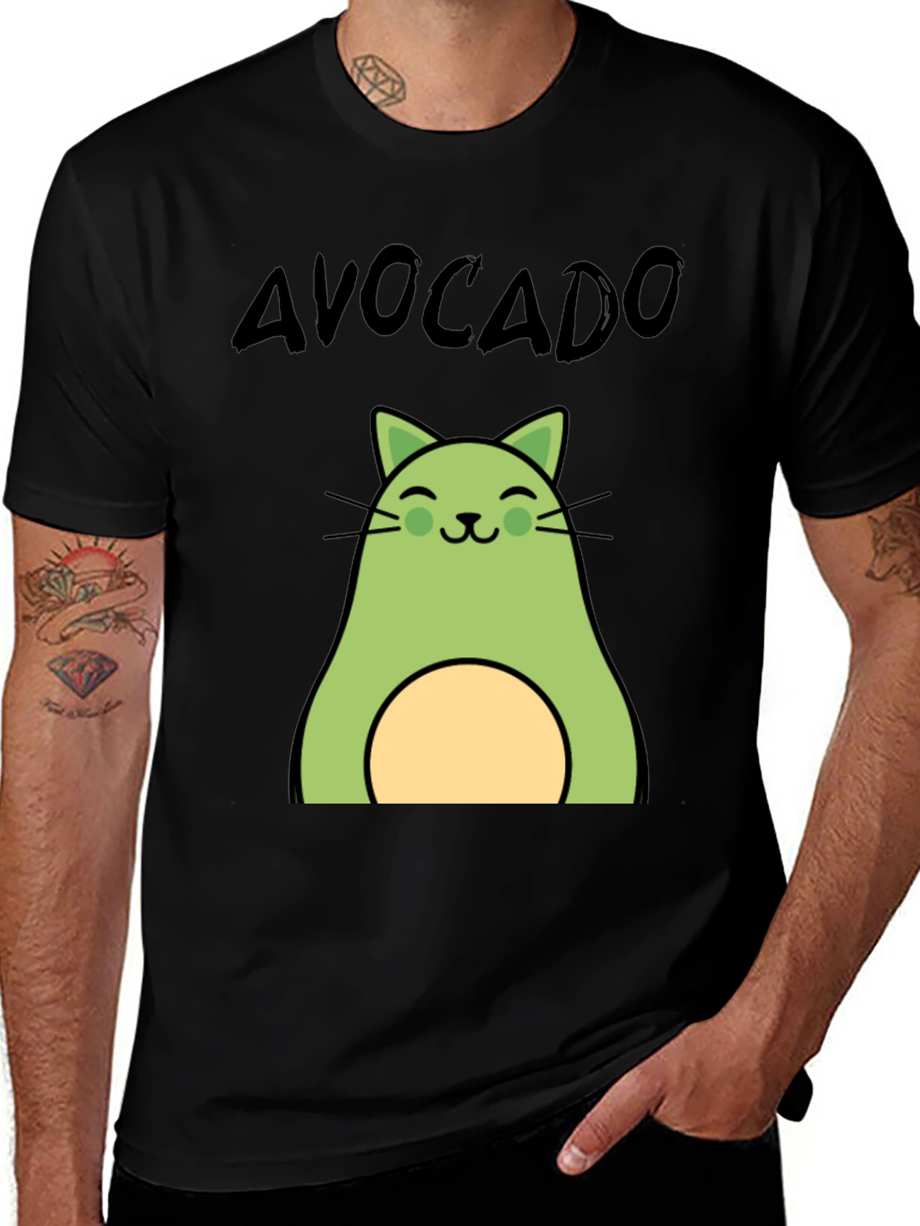 Avocado Cat Graphic Tee - Unisex Black T-Shirt