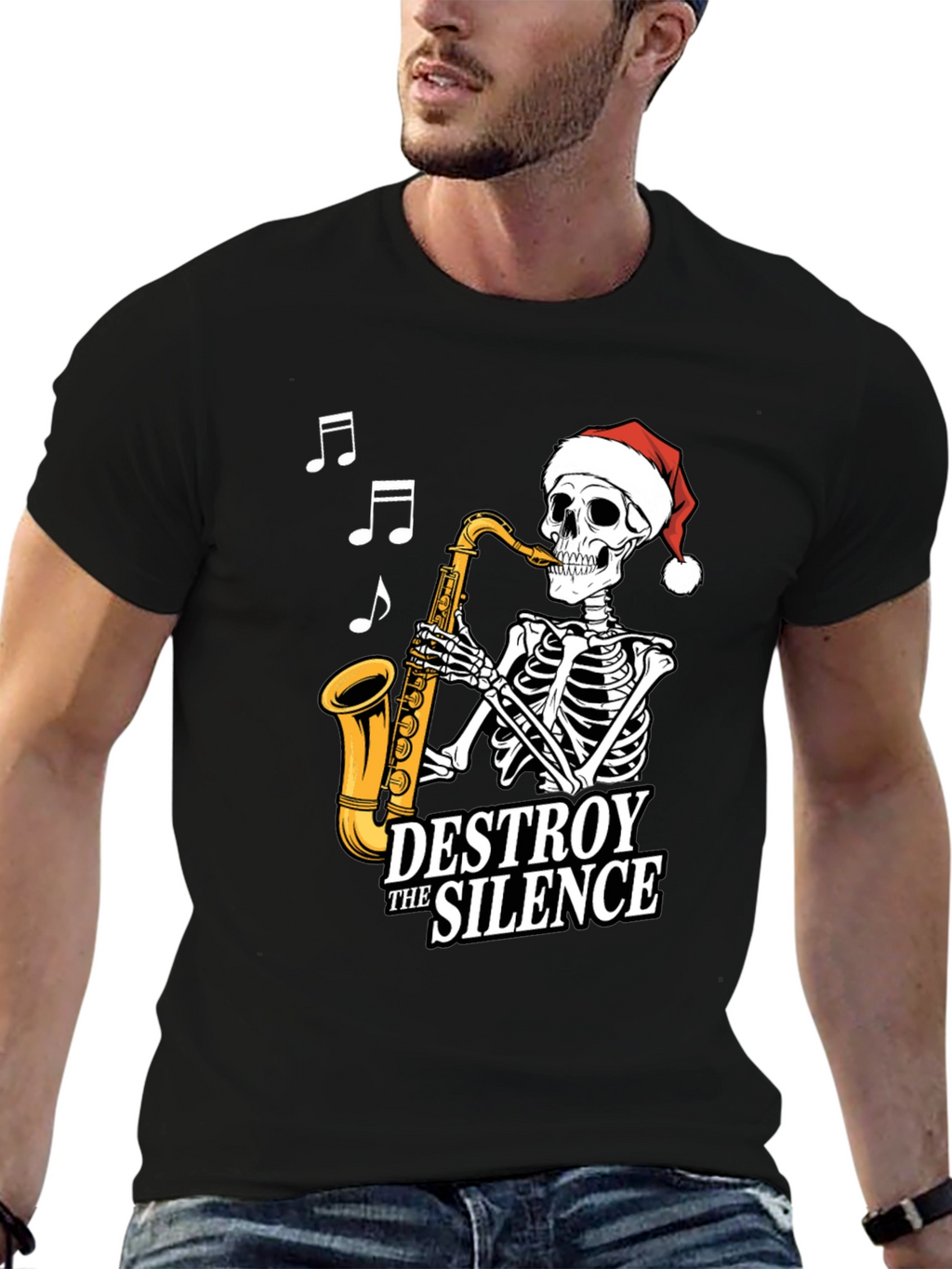 Destroy The Silence Saxophone Skeleton Christmas T-Shirt