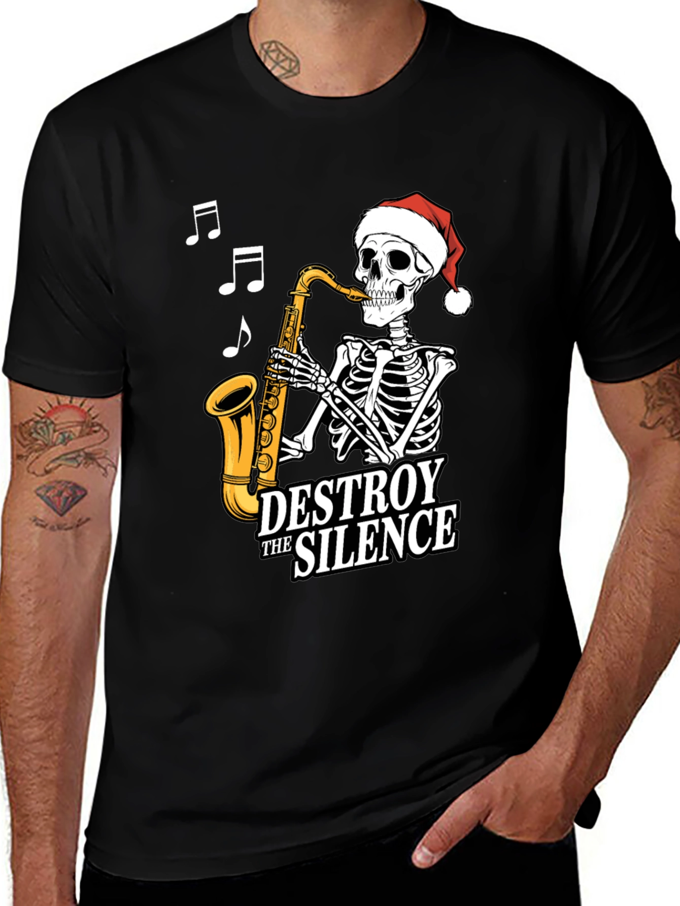 Destroy The Silence Saxophone Skeleton Christmas T-Shirt