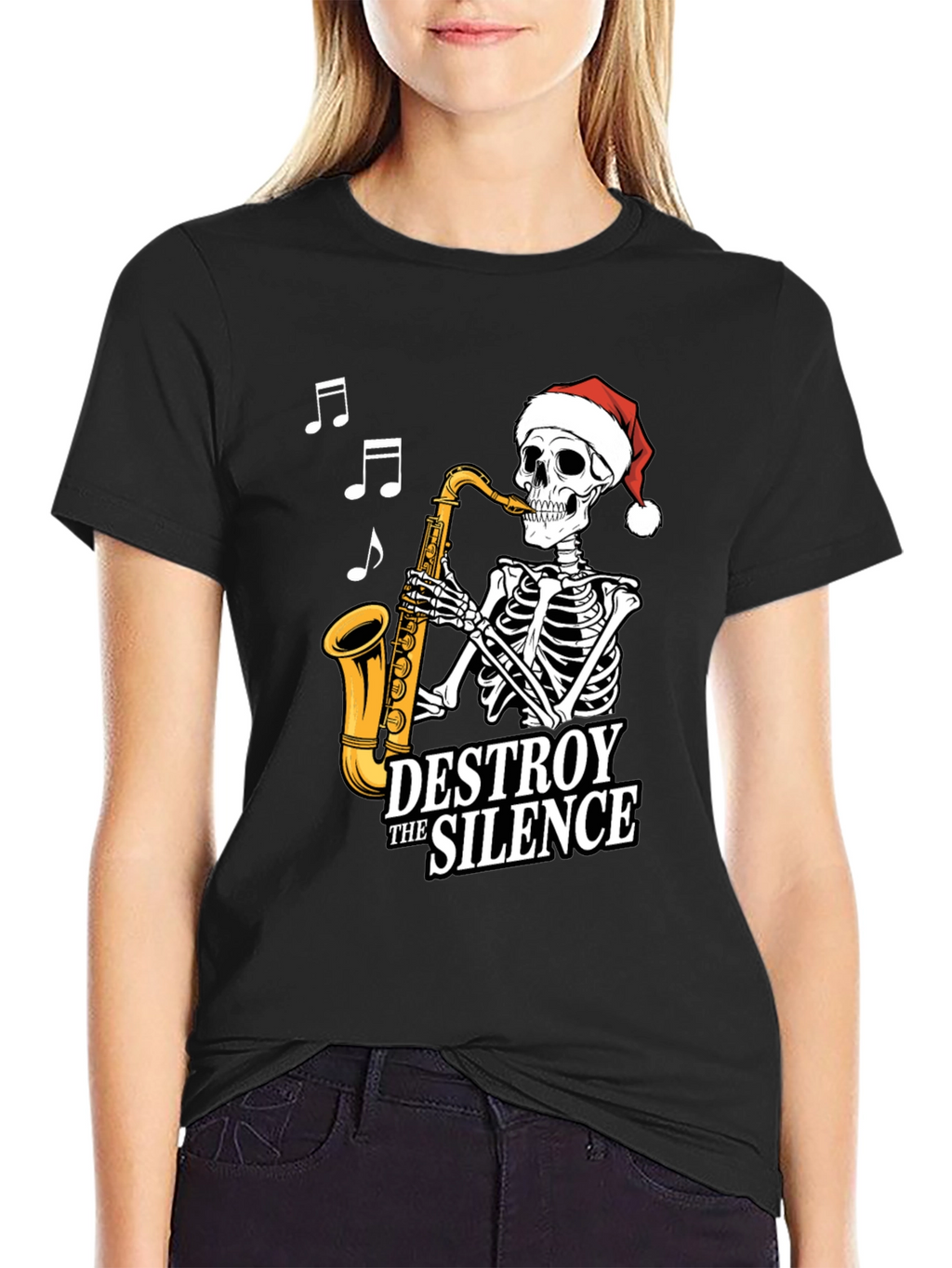Destroy The Silence Saxophone Skeleton Christmas T-Shirt