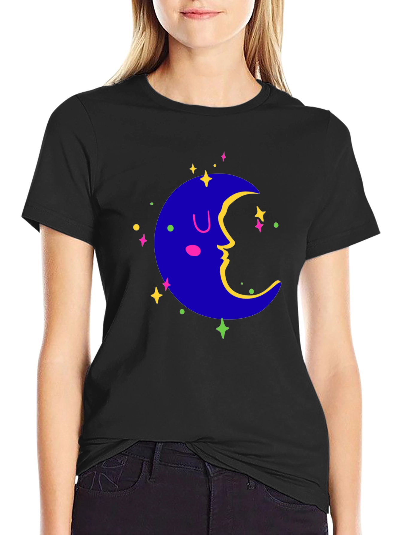 Dreamy Moon Graphic Tee - Black Casual T-Shirt
