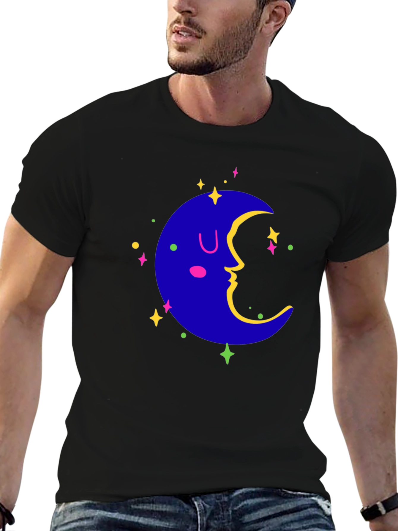 Dreamy Moon Graphic Tee - Black Casual T-Shirt