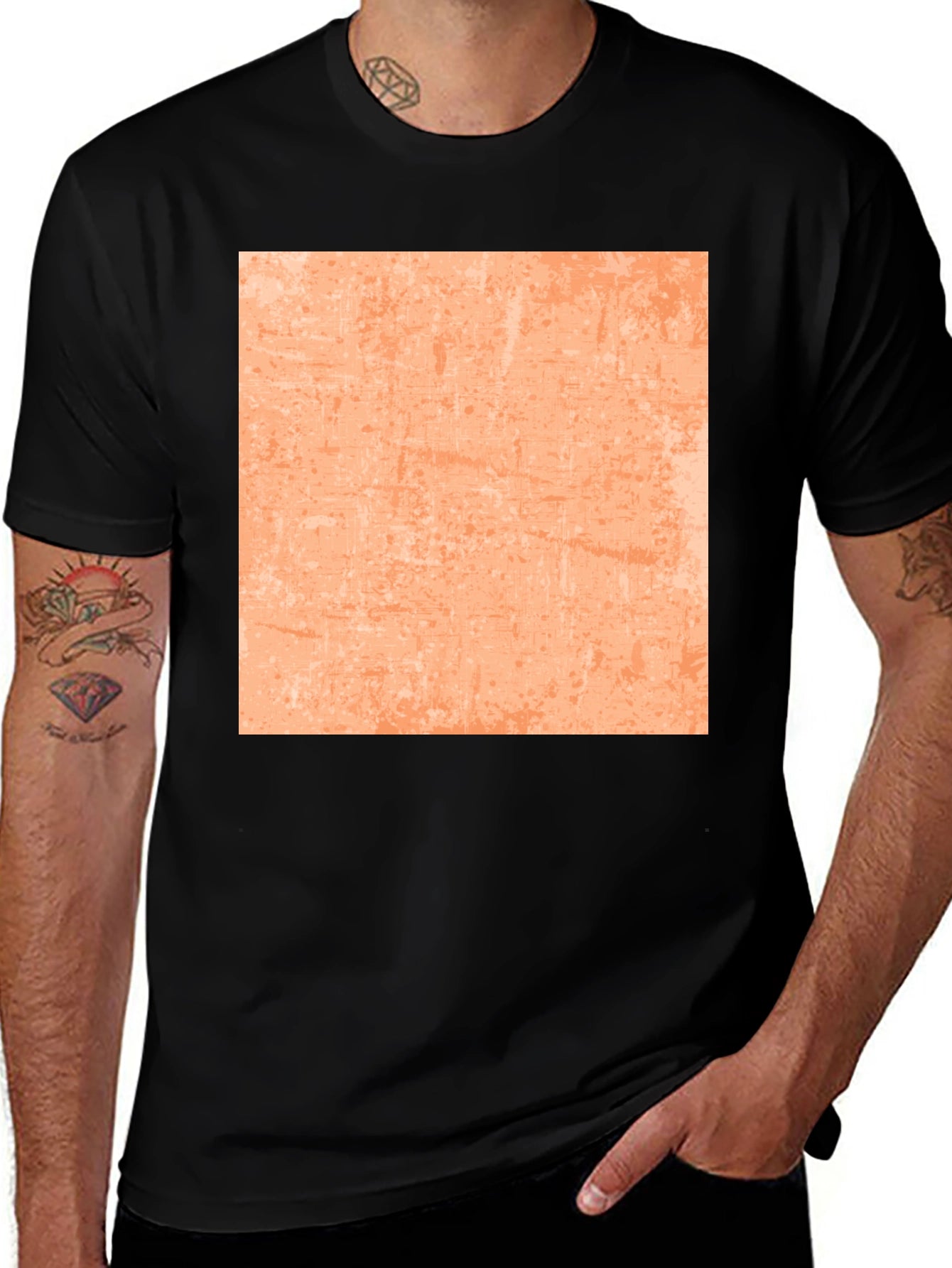Cool Black Tee with Abstract Peach Square Design
