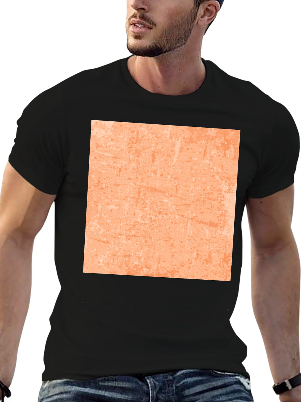 Cool Black Tee with Abstract Peach Square Design