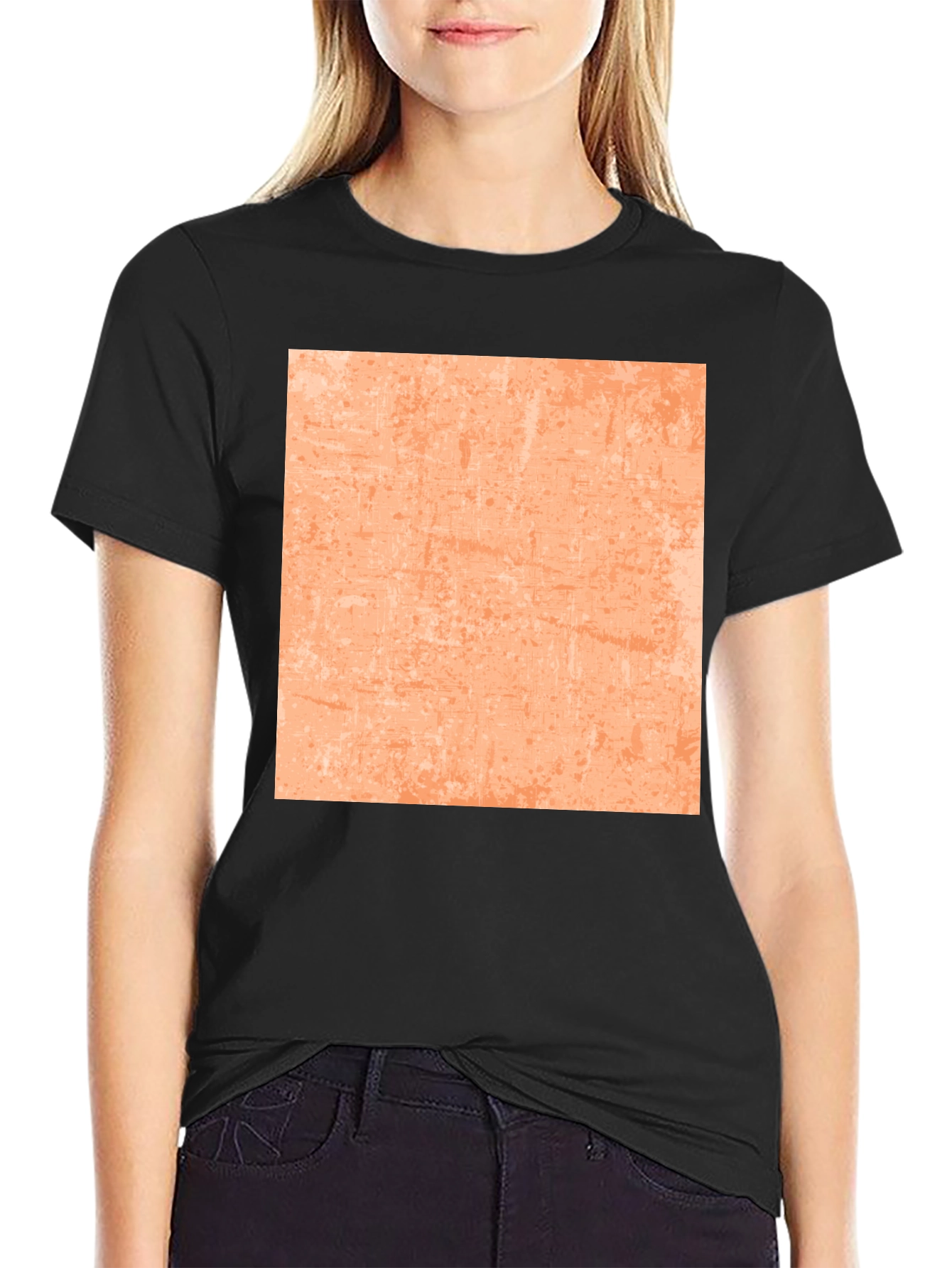 Cool Black Tee with Abstract Peach Square Design
