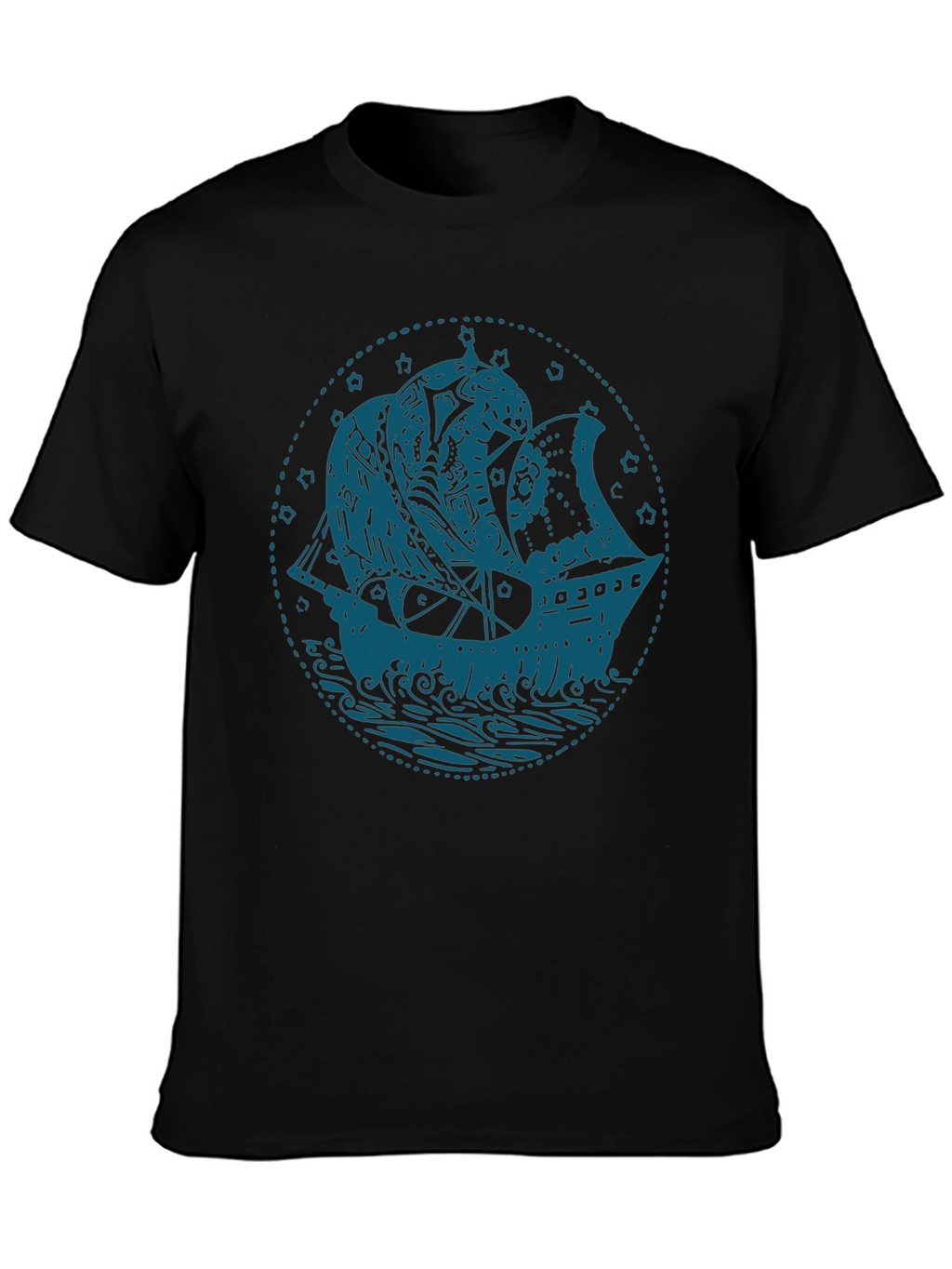 Nautical Ship Graphic T-Shirt - Bold Blue on Black