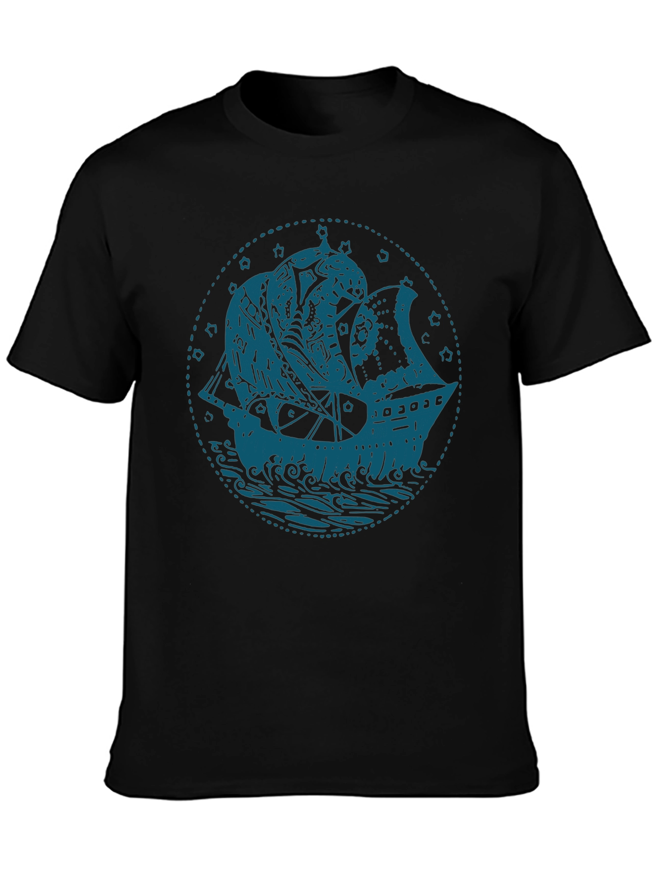 Nautical Ship Graphic T-Shirt - Bold Blue on Black