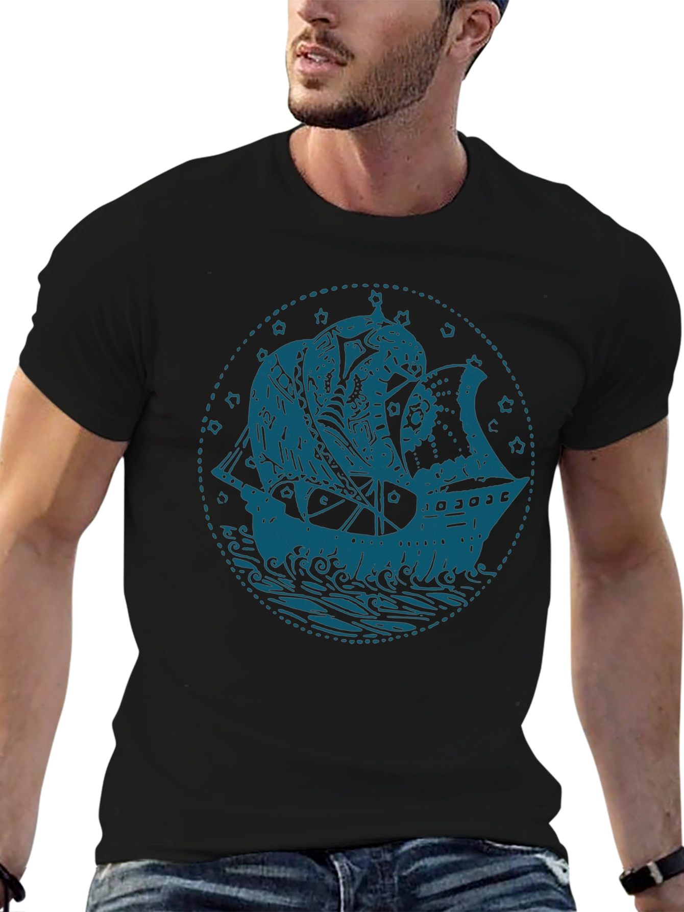 Nautical Ship Graphic T-Shirt - Bold Blue on Black