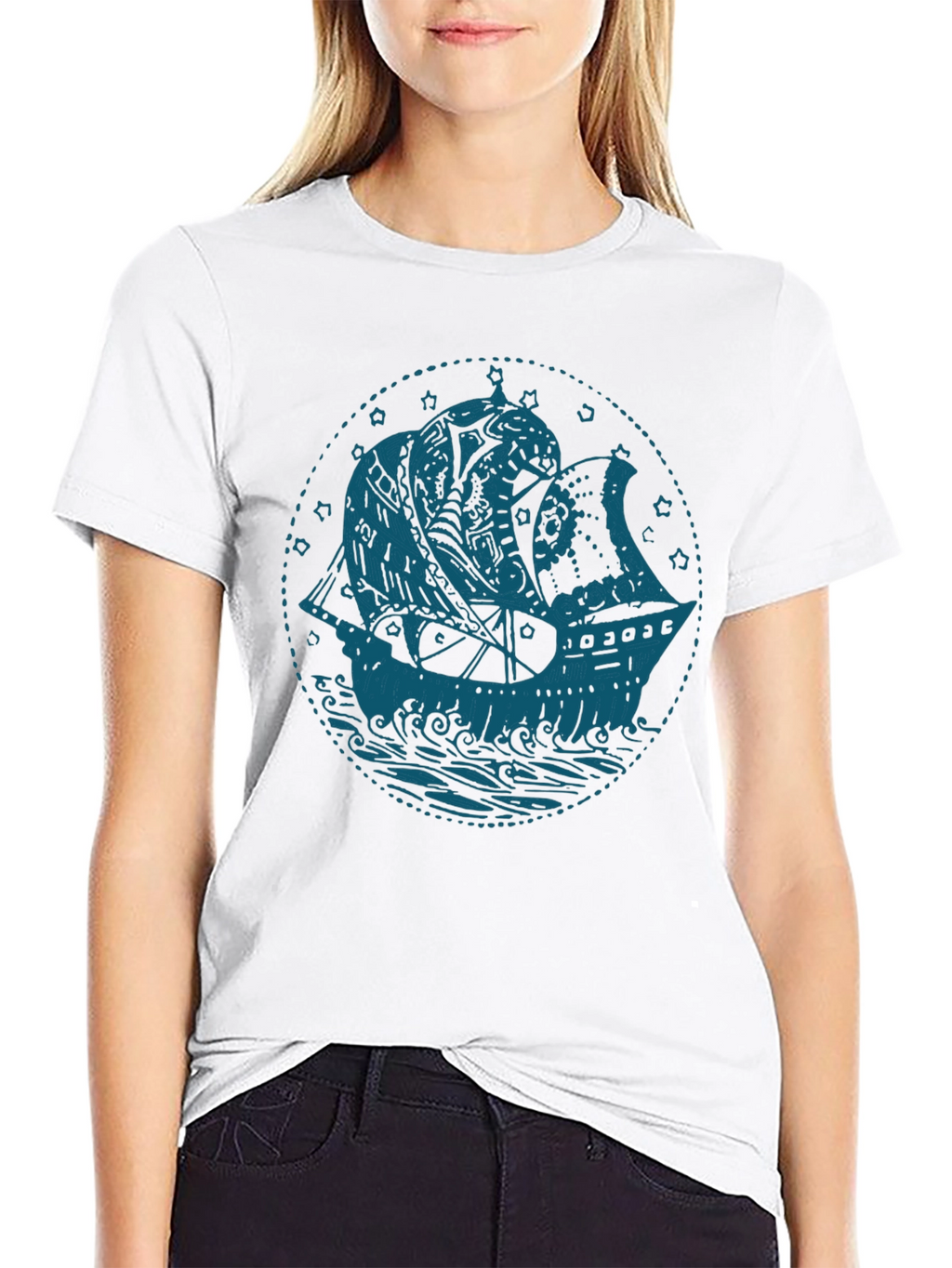 Nautical Ship Graphic T-Shirt - Bold Blue on Black
