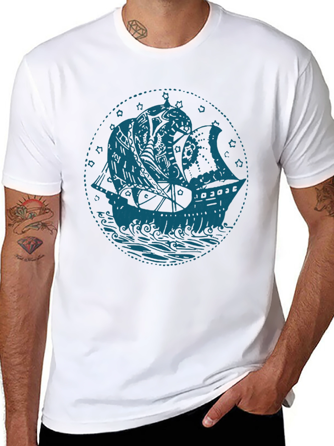 Nautical Ship Graphic T-Shirt - Bold Blue on Black