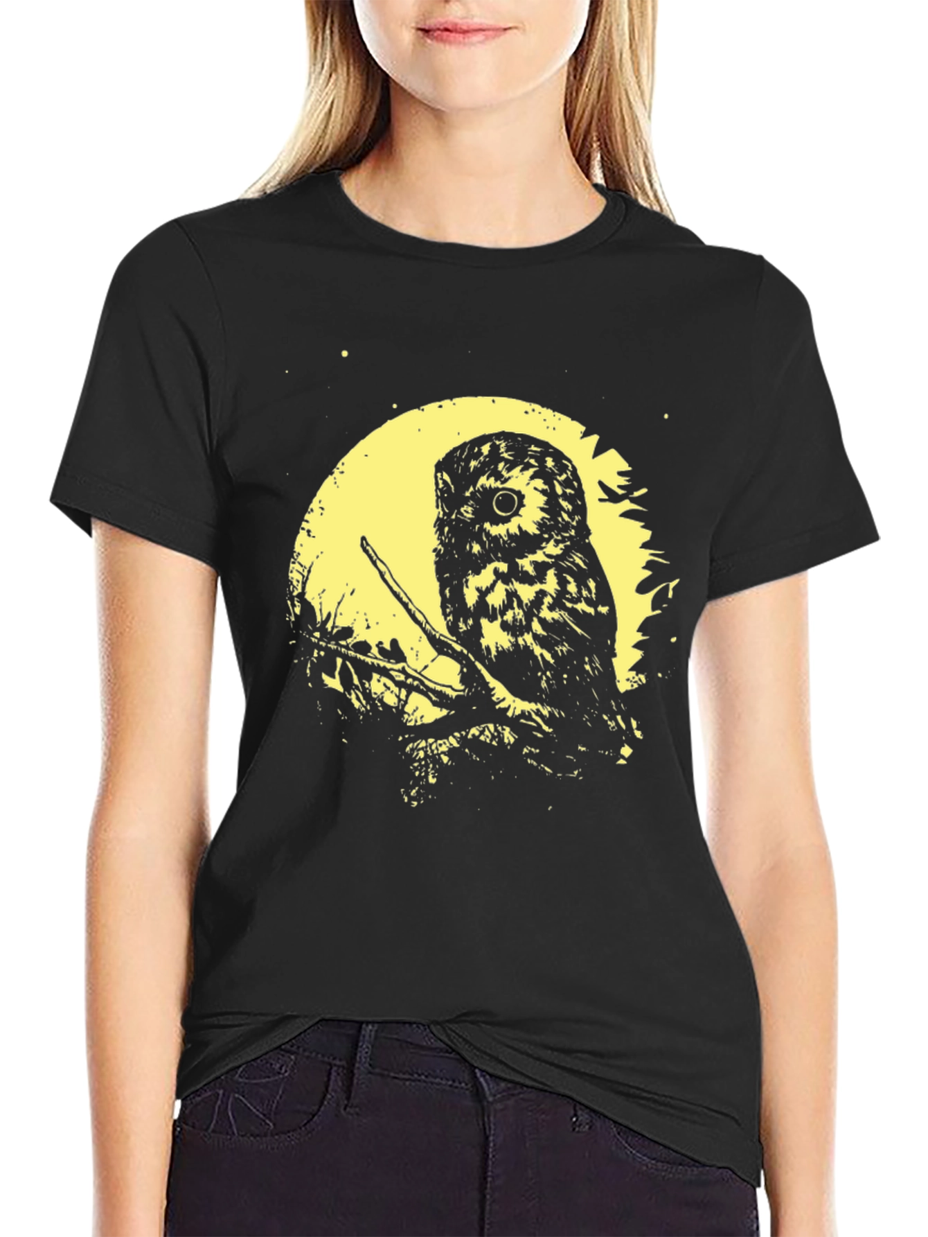 Owl Moon Graphic Tee - Soft Black Cotton T-Shirt
