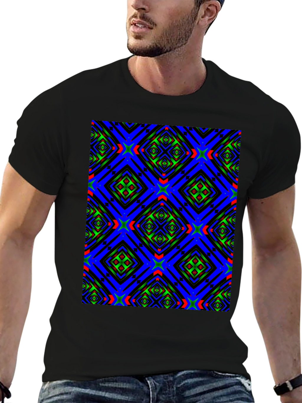 Geometric Kaleidoscope Pattern Black T-Shirt