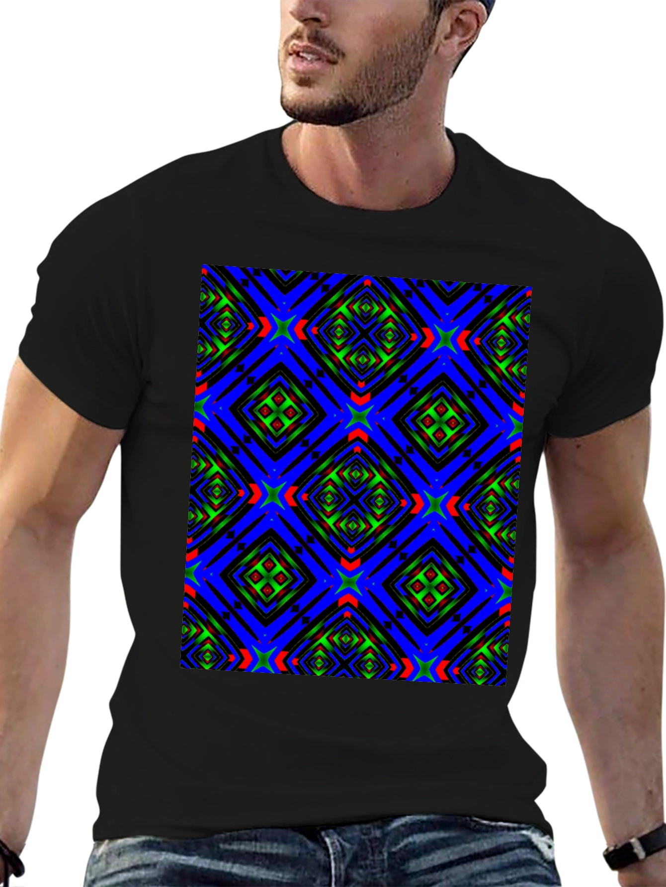 Geometric Kaleidoscope Pattern Black T-Shirt