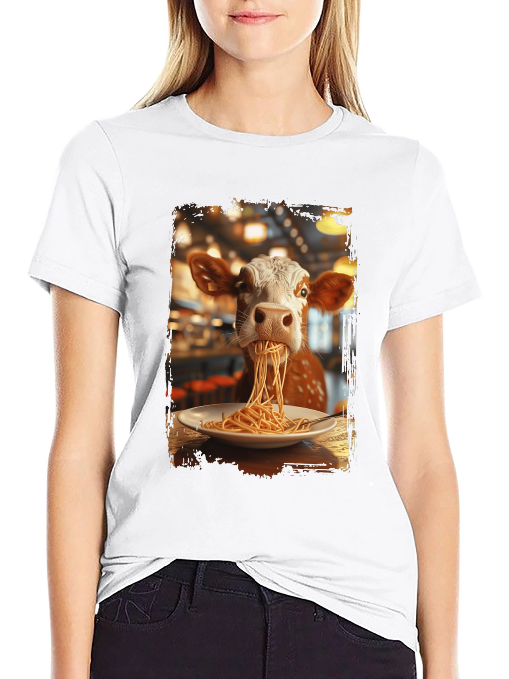 Cow Eating Spaghetti Graphic T-Shirt