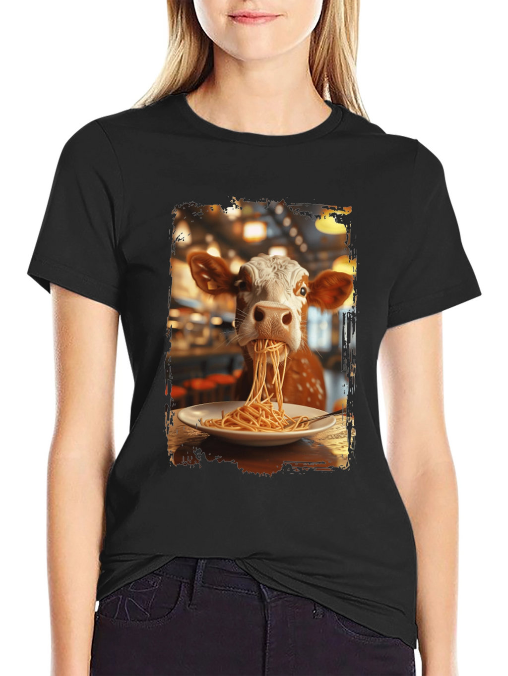 Cow Eating Spaghetti Graphic T-Shirt