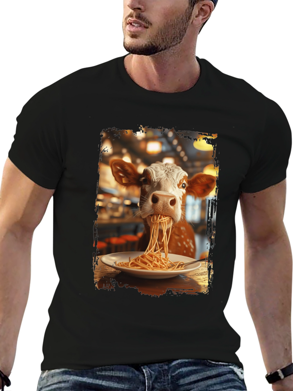 Cow Eating Spaghetti Graphic T-Shirt