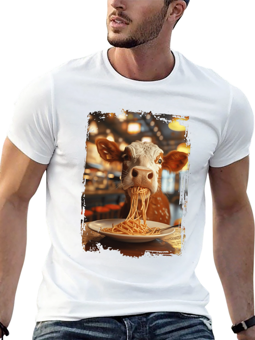 Cow Eating Spaghetti Graphic T-Shirt