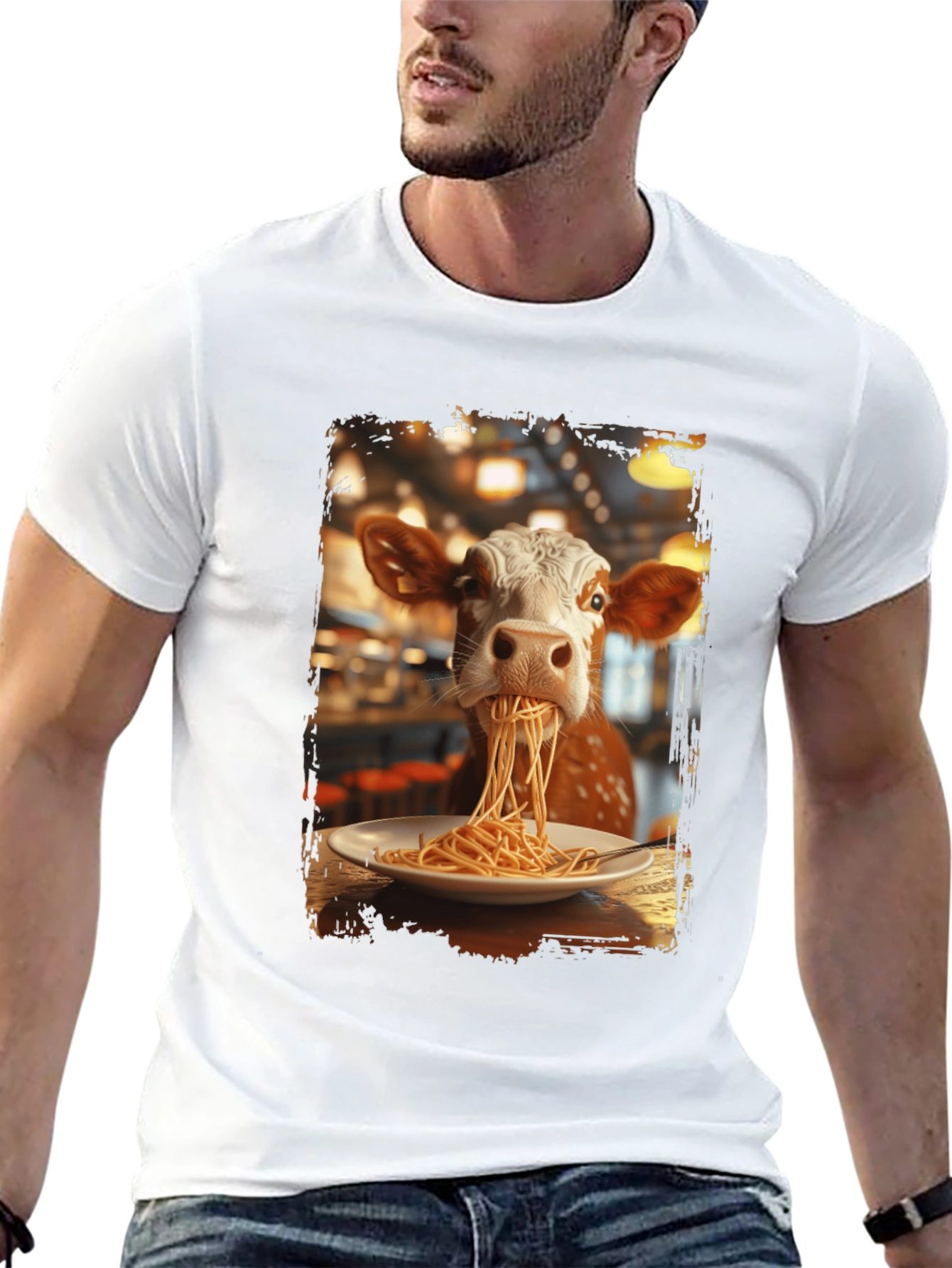 Cow Eating Spaghetti Graphic T-Shirt