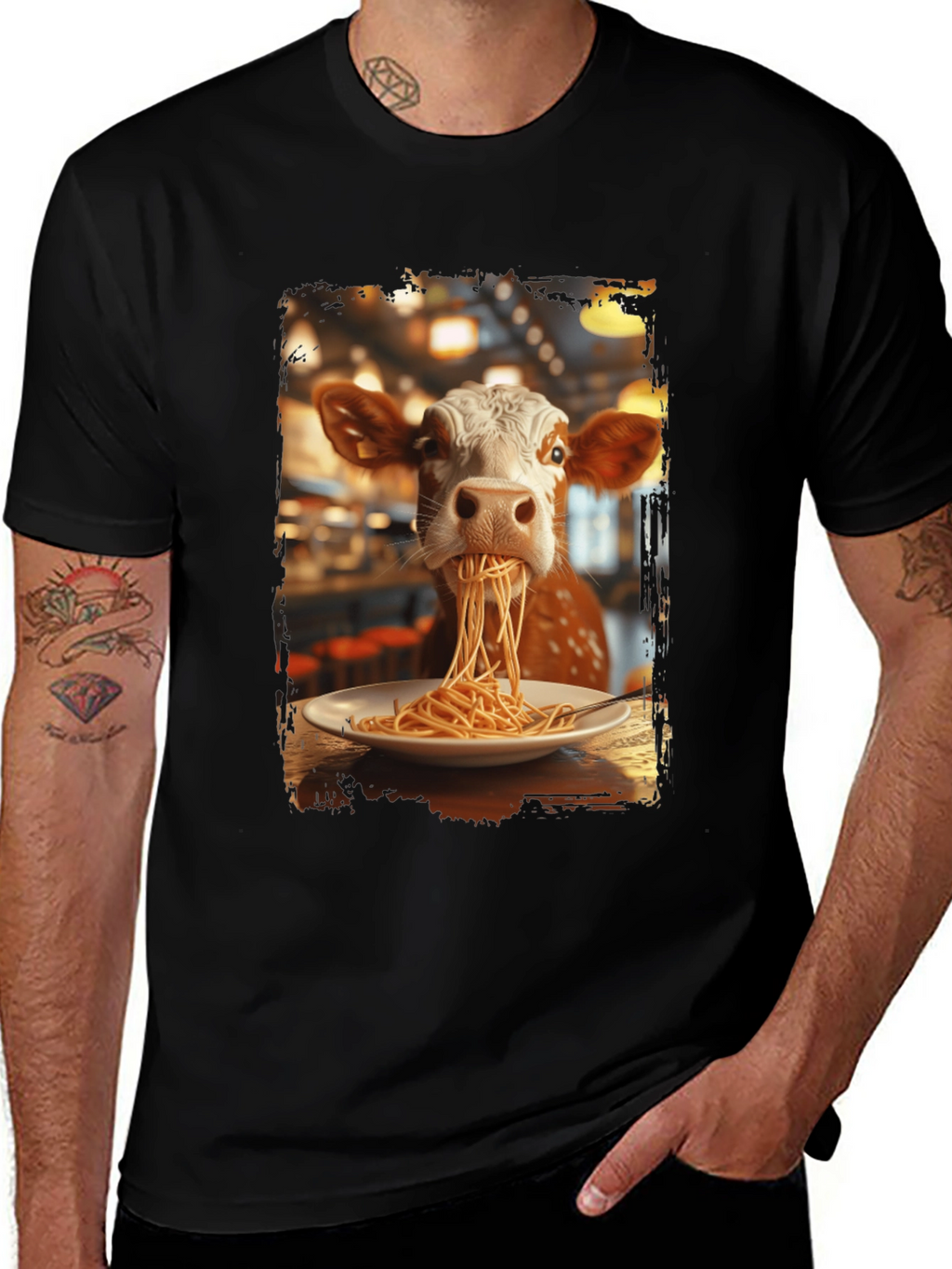 Cow Eating Spaghetti Graphic T-Shirt