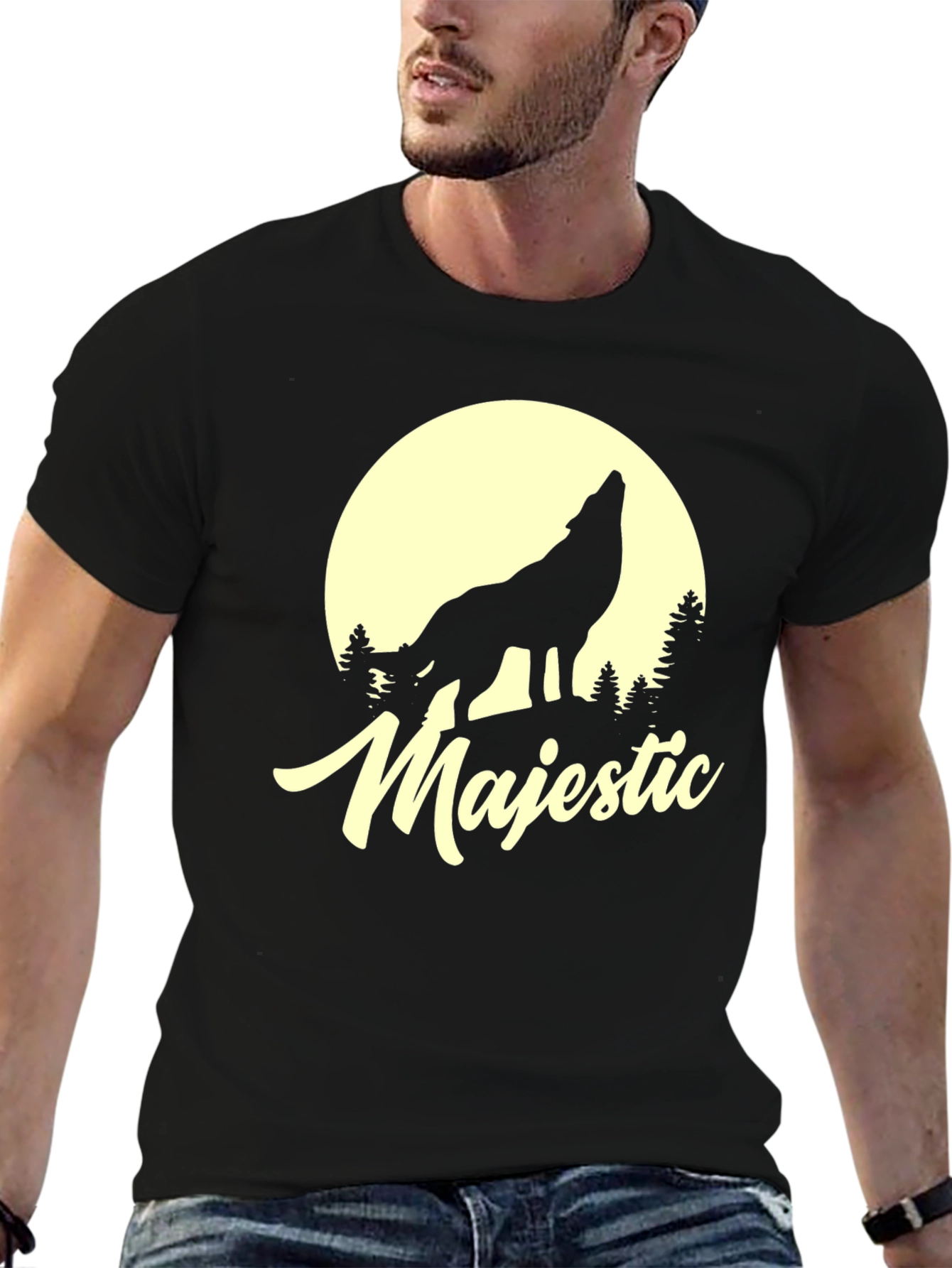 Majestic Wolf Moon Graphic T-Shirt - Black