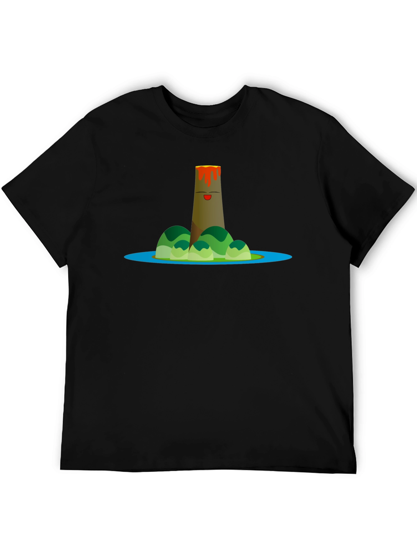 Volcano Island Cartoon Graphic Black T-Shirt