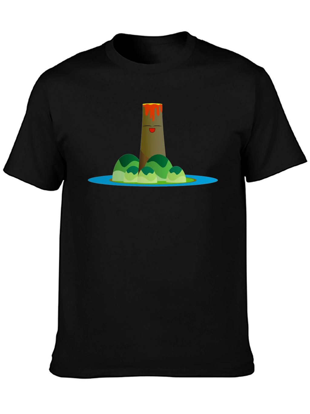 Volcano Island Cartoon Graphic Black T-Shirt