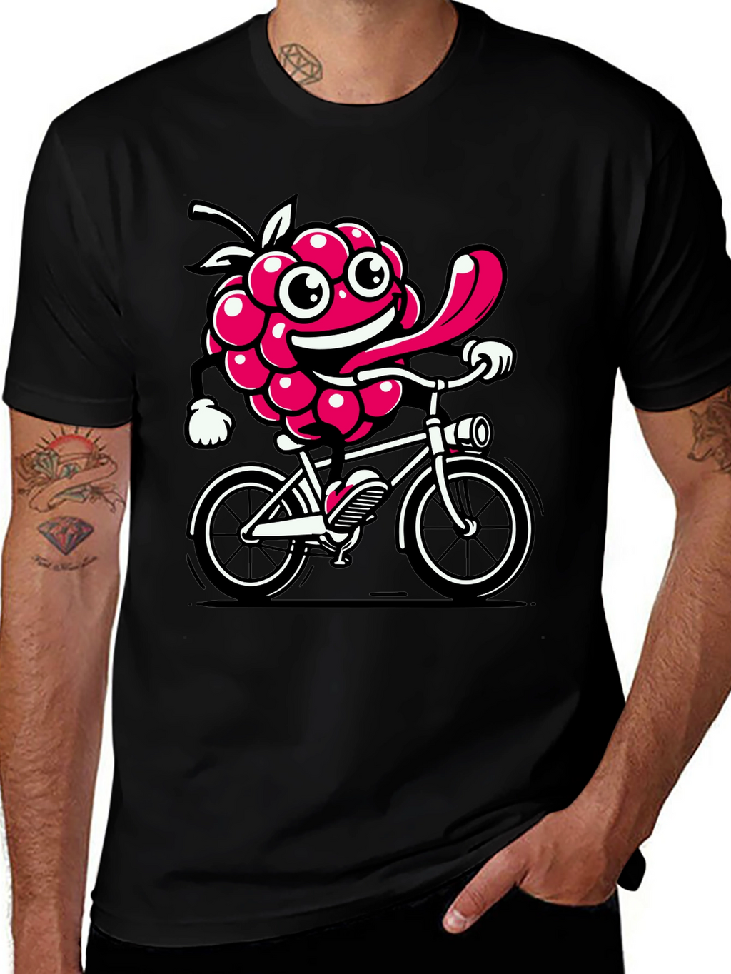 Funny Raspberry on Bike Graphic Tee - Black