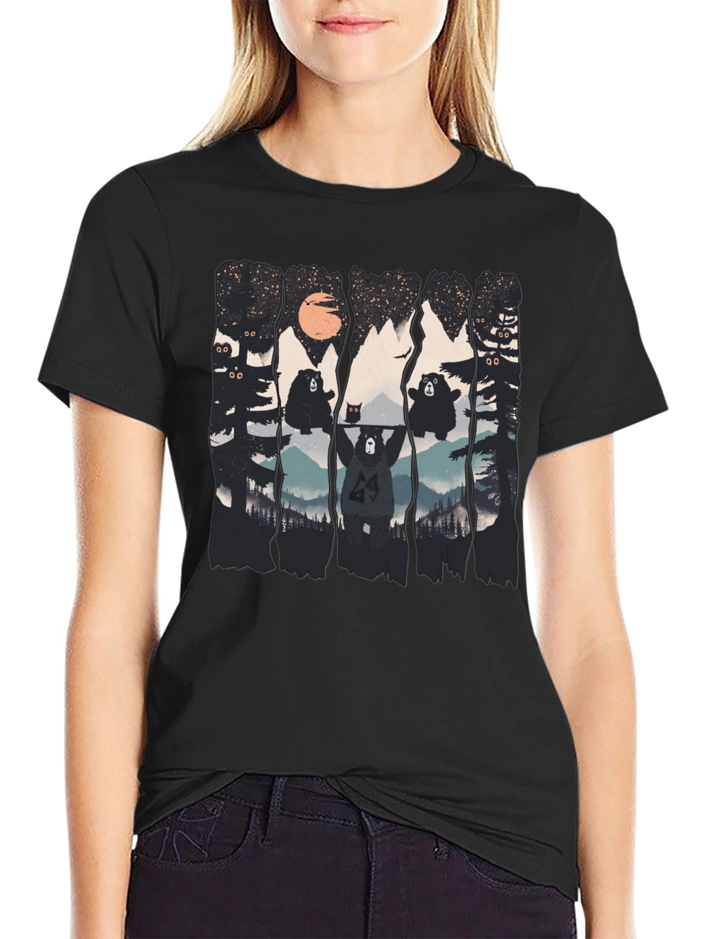 Bear Silhouette Graphic Print Black T-Shirt