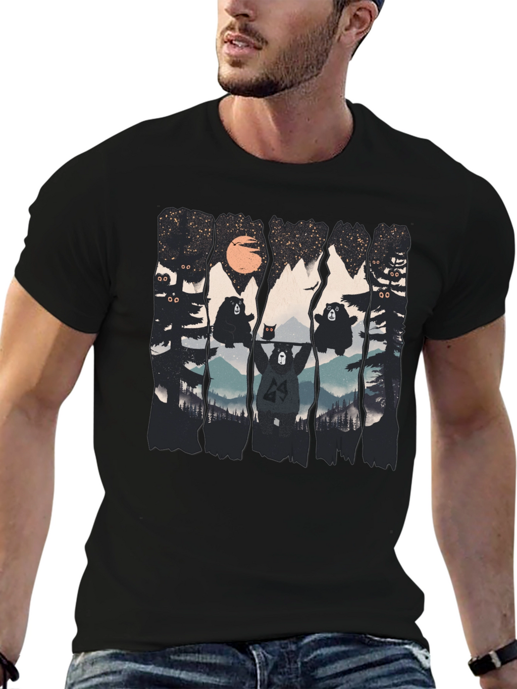 Bear Silhouette Graphic Print Black T-Shirt