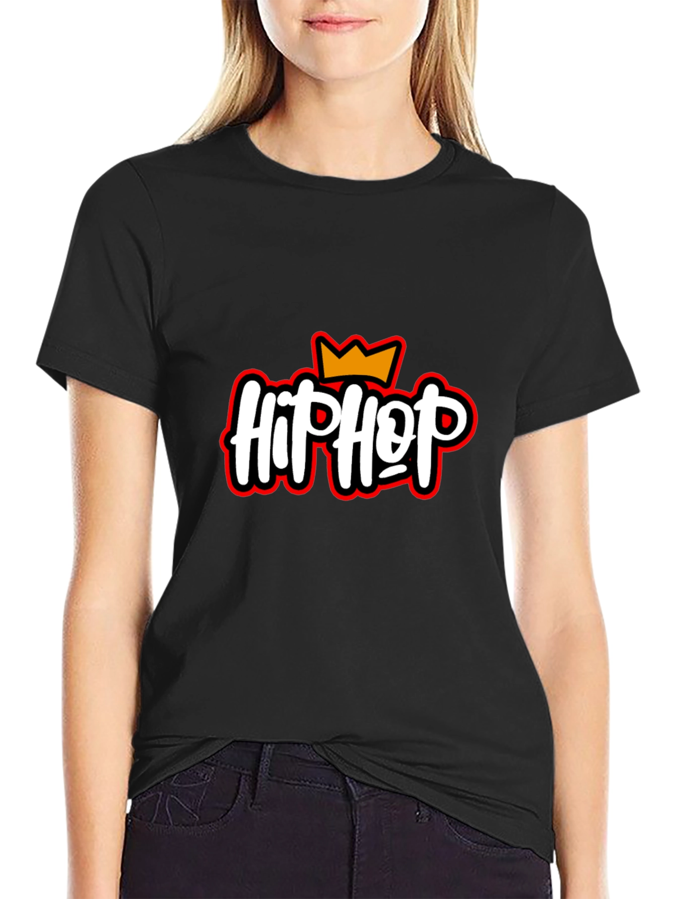 Hip Hop Crown Graphic Tee - Black Crew Neck T-Shirt