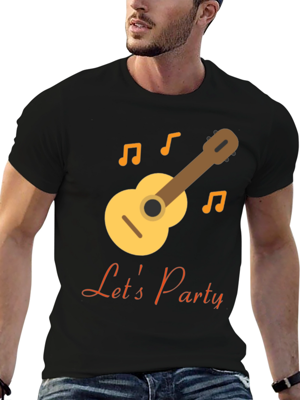 Lets Party Black T-Shirt with Guitar Design