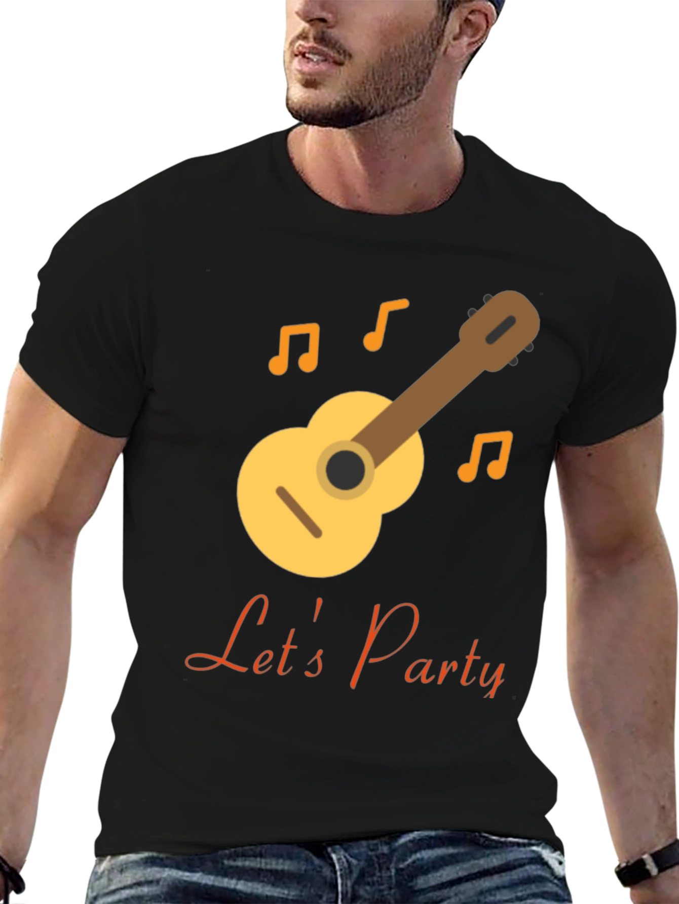 Lets Party Black T-Shirt with Guitar Design