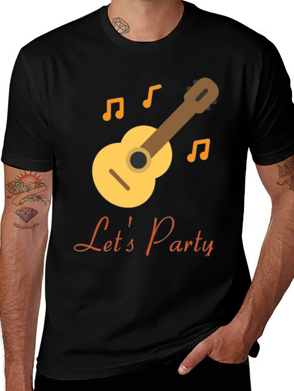 Lets Party Black T-Shirt with Guitar Design