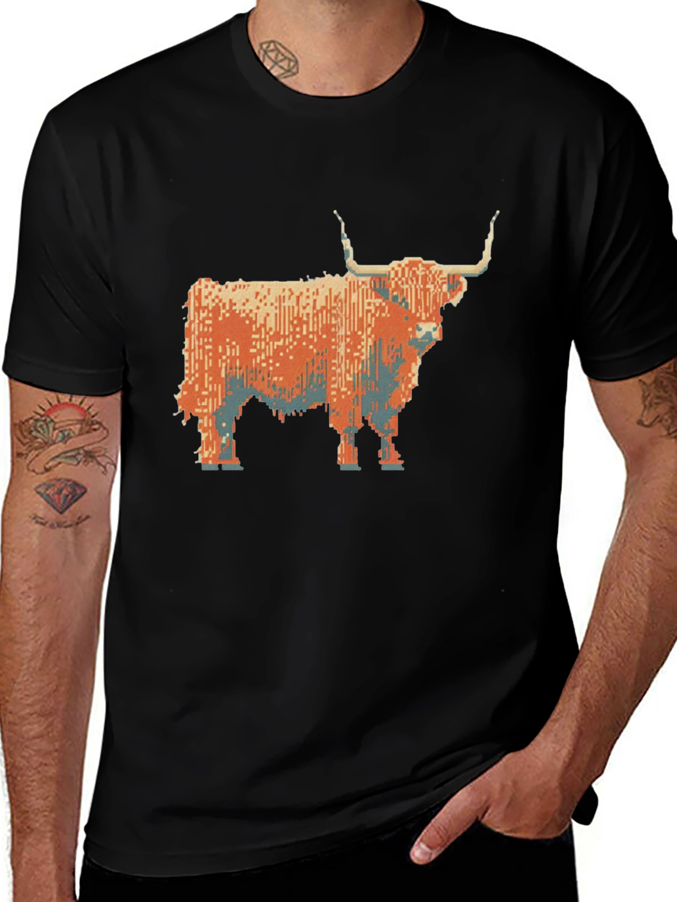 Highland Cow Pixel Art T-Shirt - Black