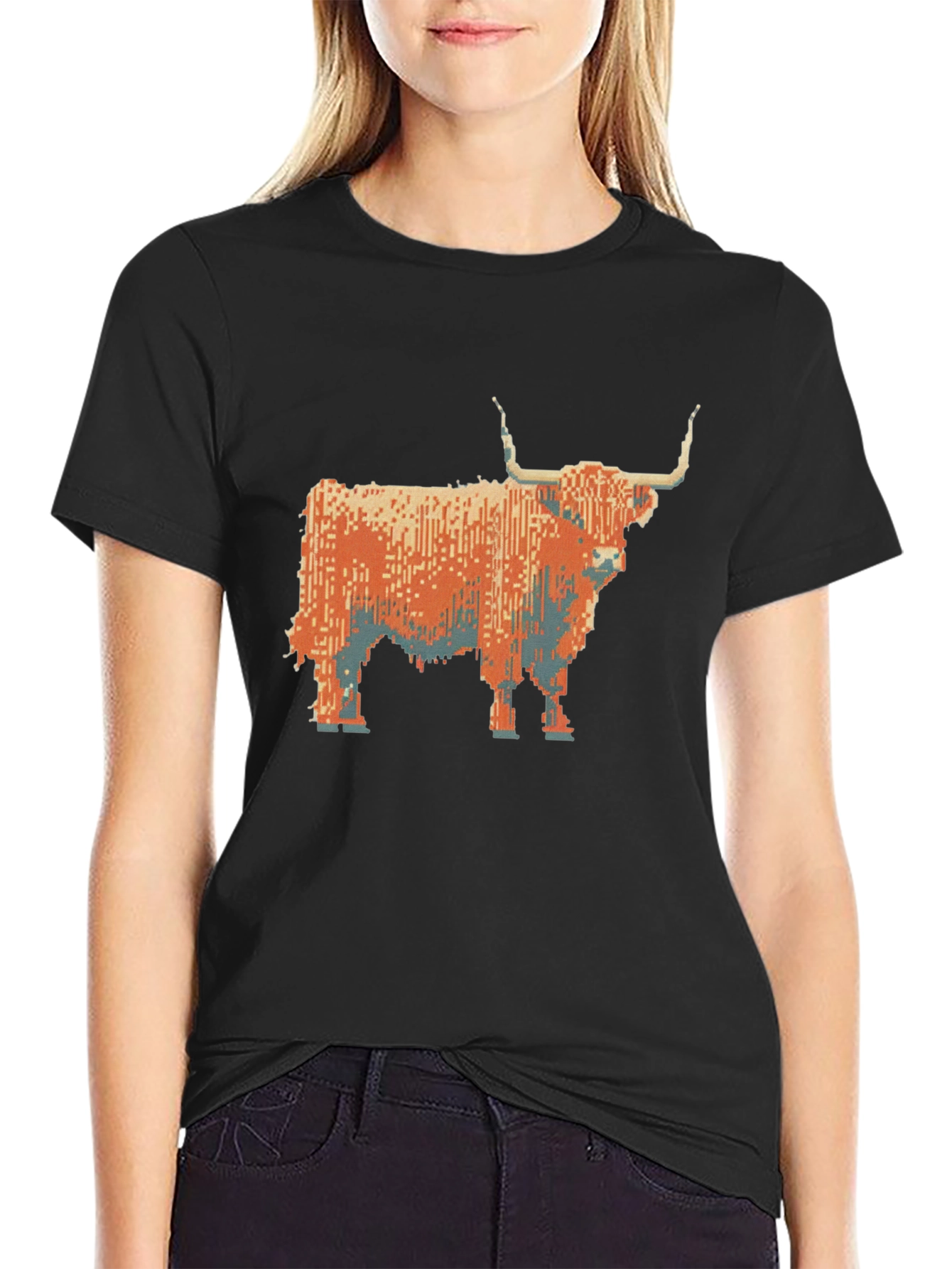 Highland Cow Pixel Art T-Shirt - Black