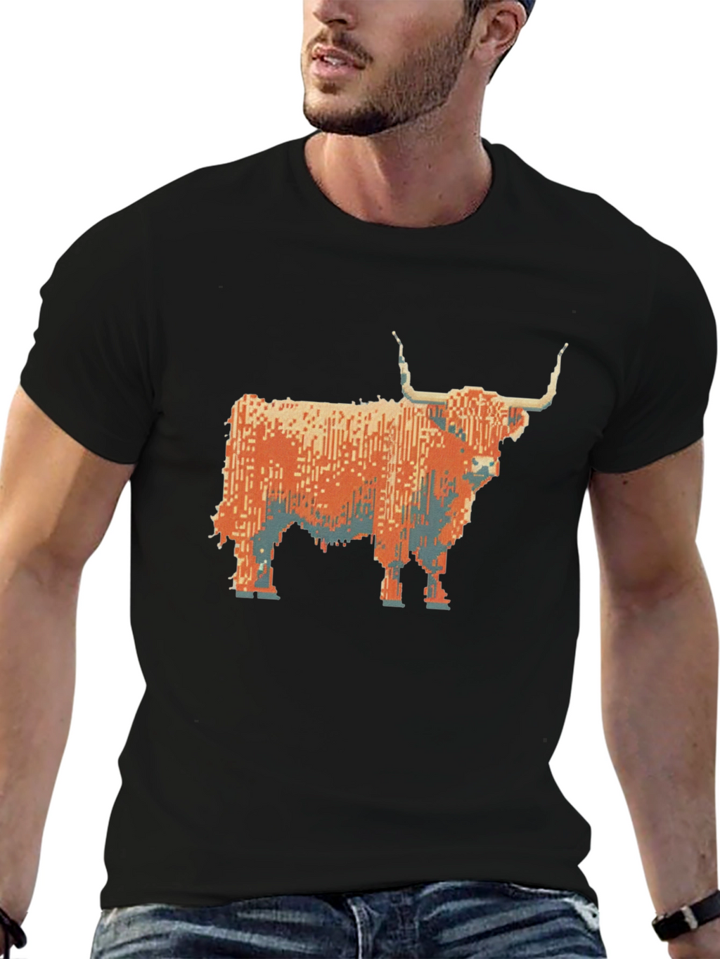 Highland Cow Pixel Art T-Shirt - Black