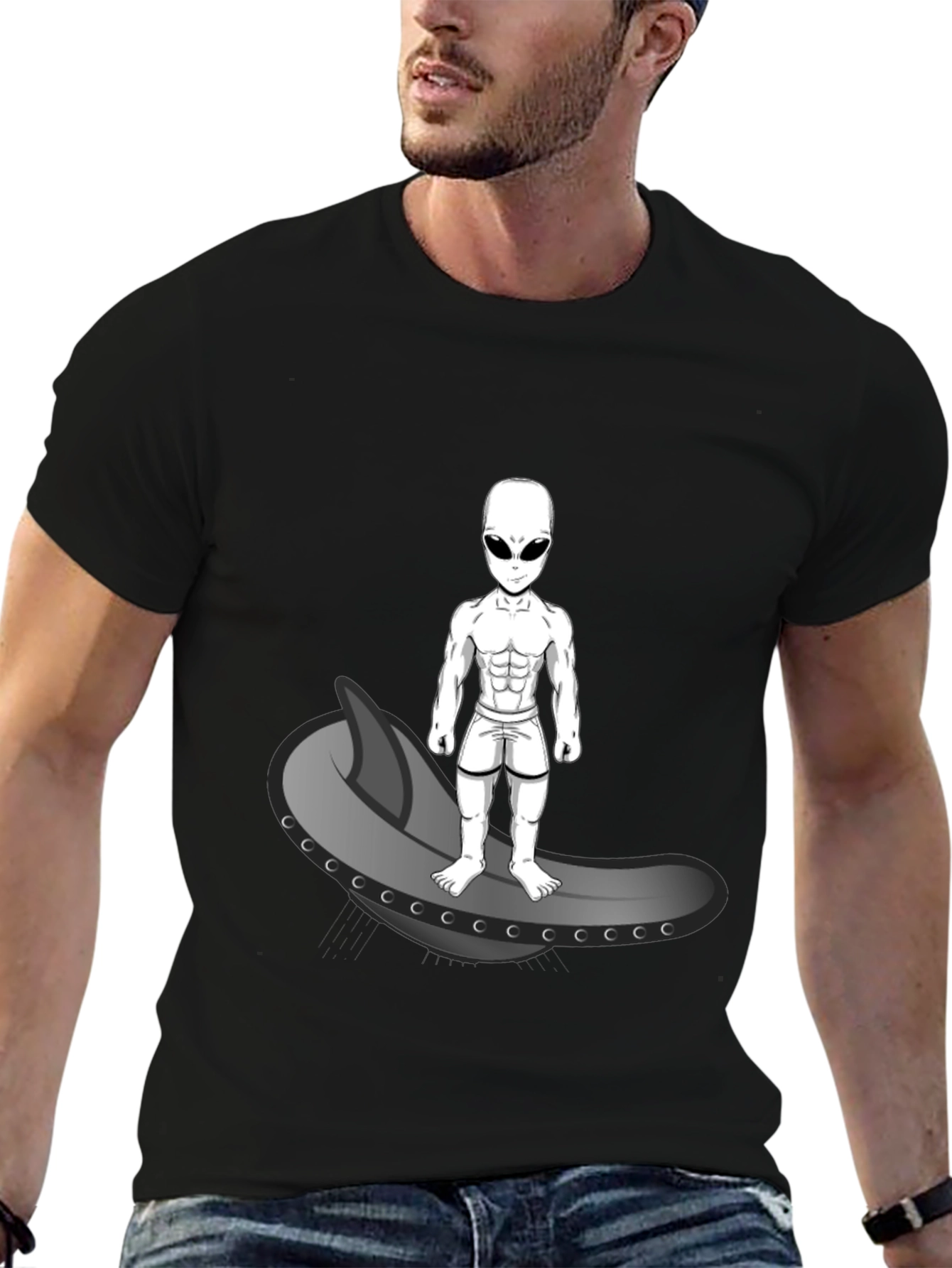 Alien Surfer Graphic Tee - Black Cotton T-Shirt