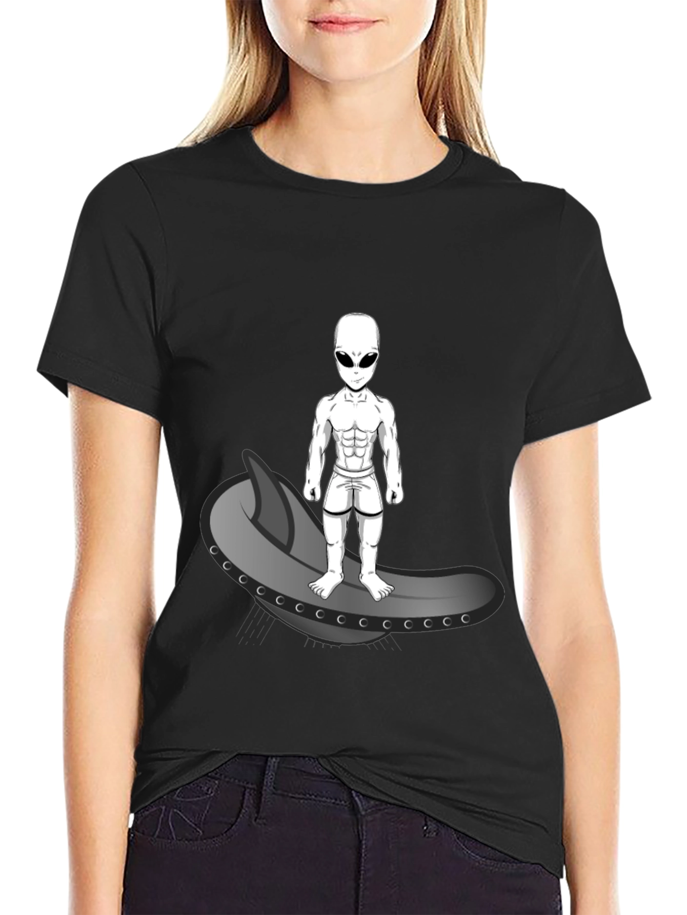 Alien Surfer Graphic Tee - Black Cotton T-Shirt