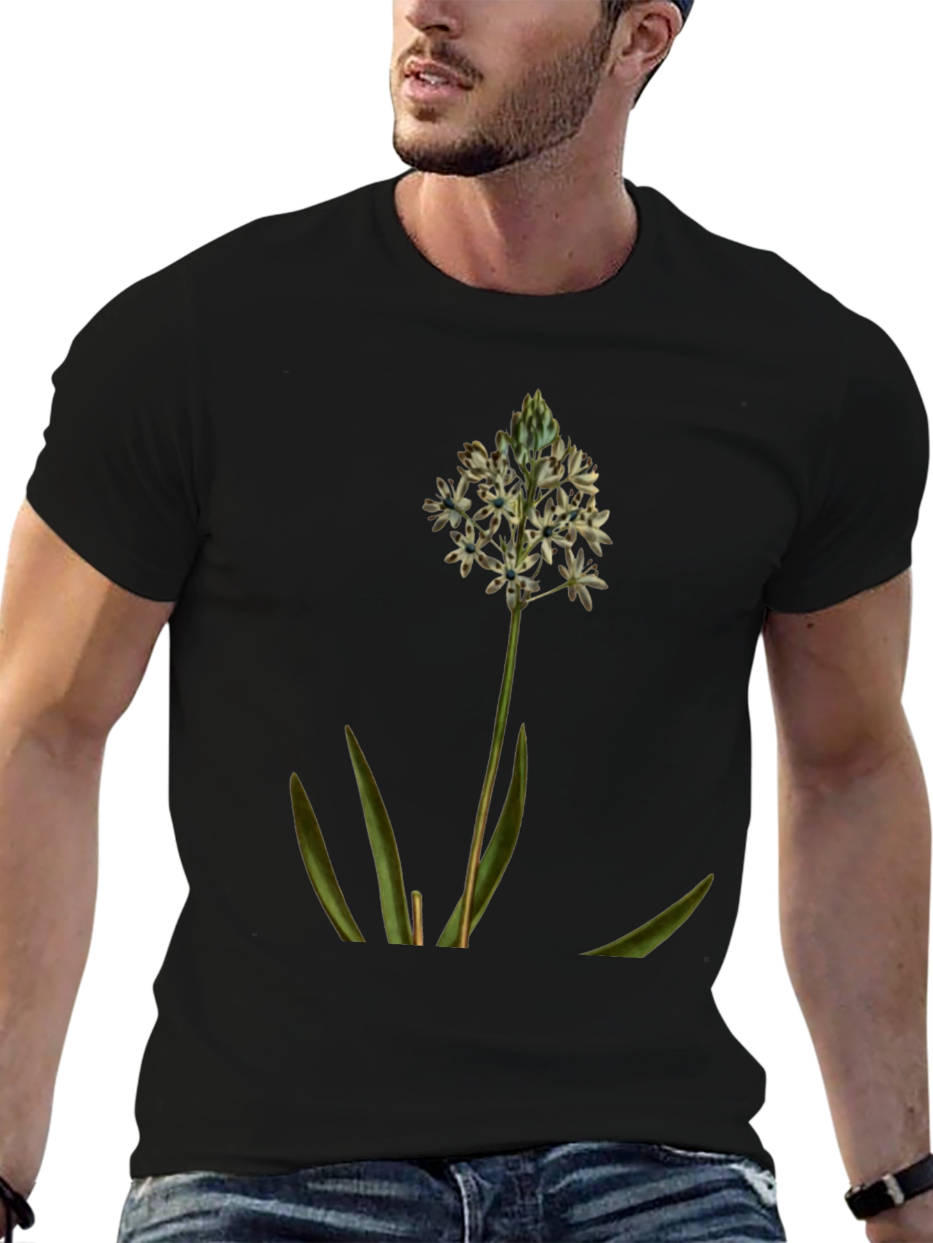 Botanical Flower Graphic Tee - Soft Black Cotton