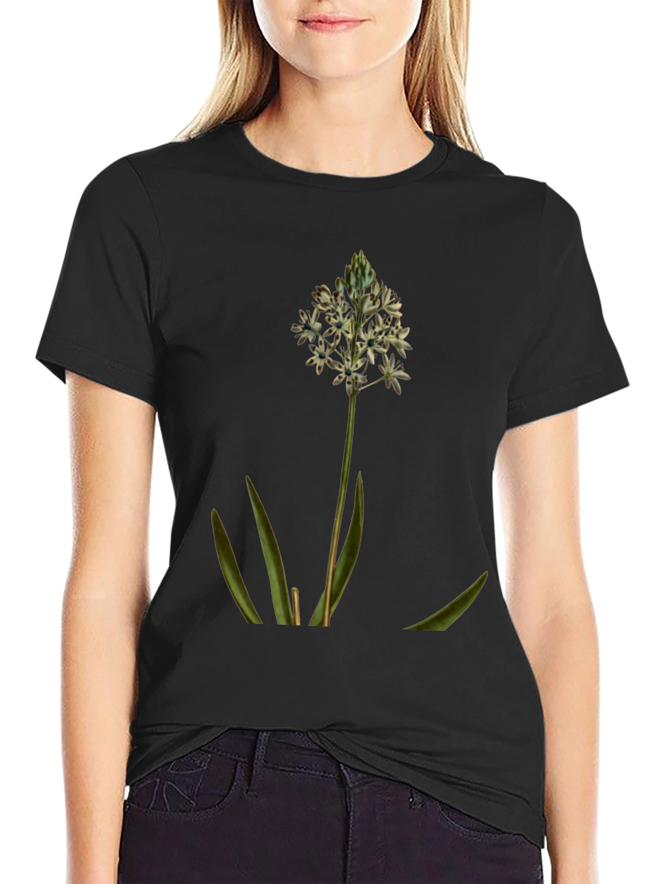 Botanical Flower Graphic Tee - Soft Black Cotton