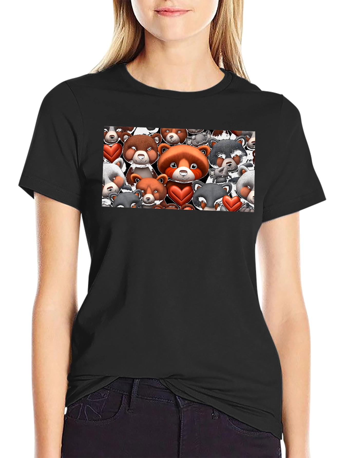 Cute Bears & Hearts Graphic Tee - Mens Black T-Shirt