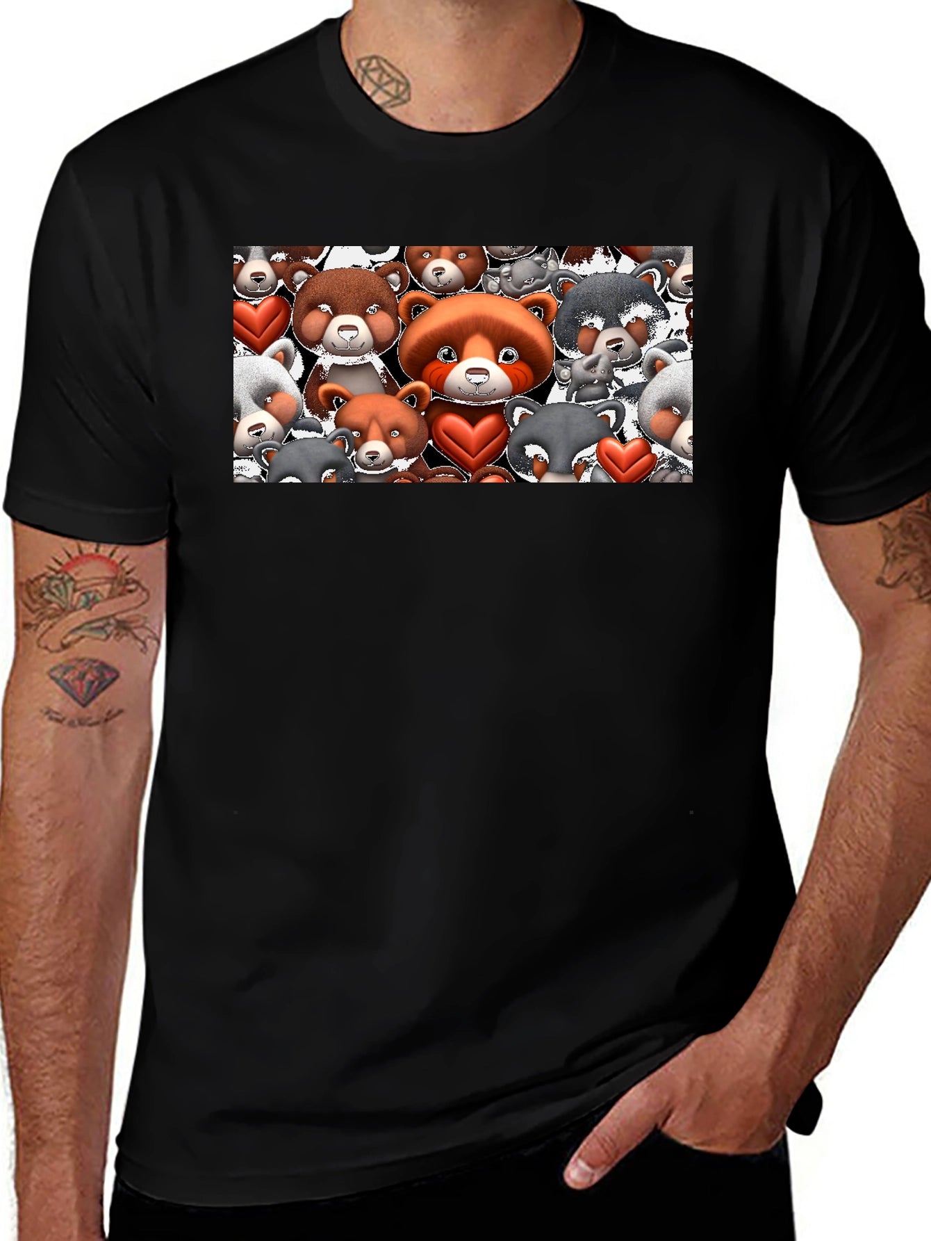 Cute Bears & Hearts Graphic Tee - Mens Black T-Shirt
