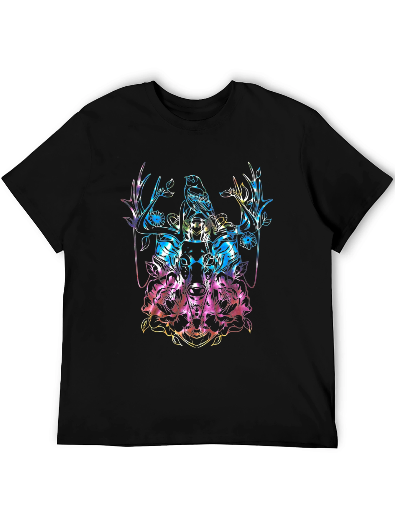Bird & Stag Skull Floral T-Shirt - Colorful Graphic Tee