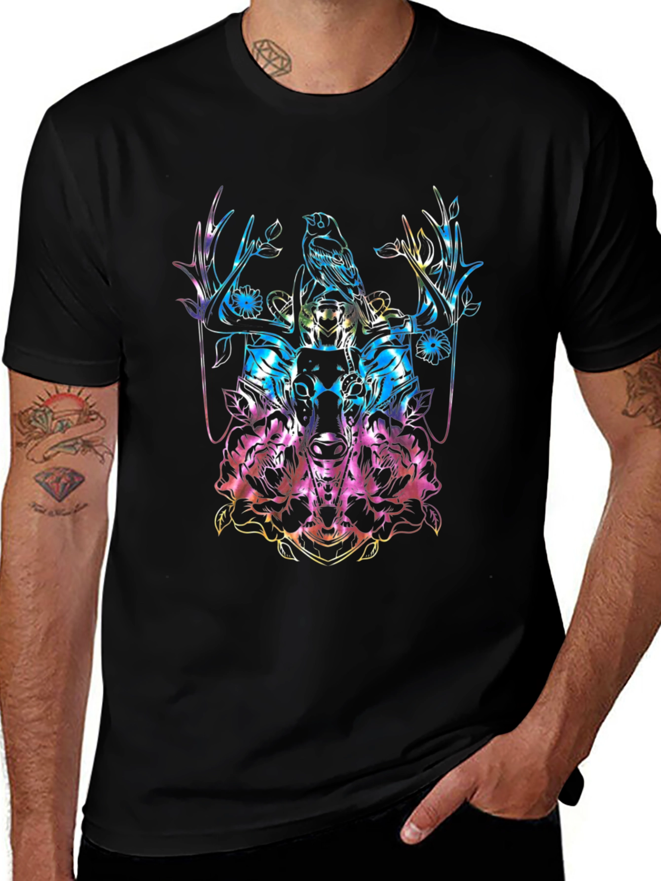 Bird & Stag Skull Floral T-Shirt - Colorful Graphic Tee