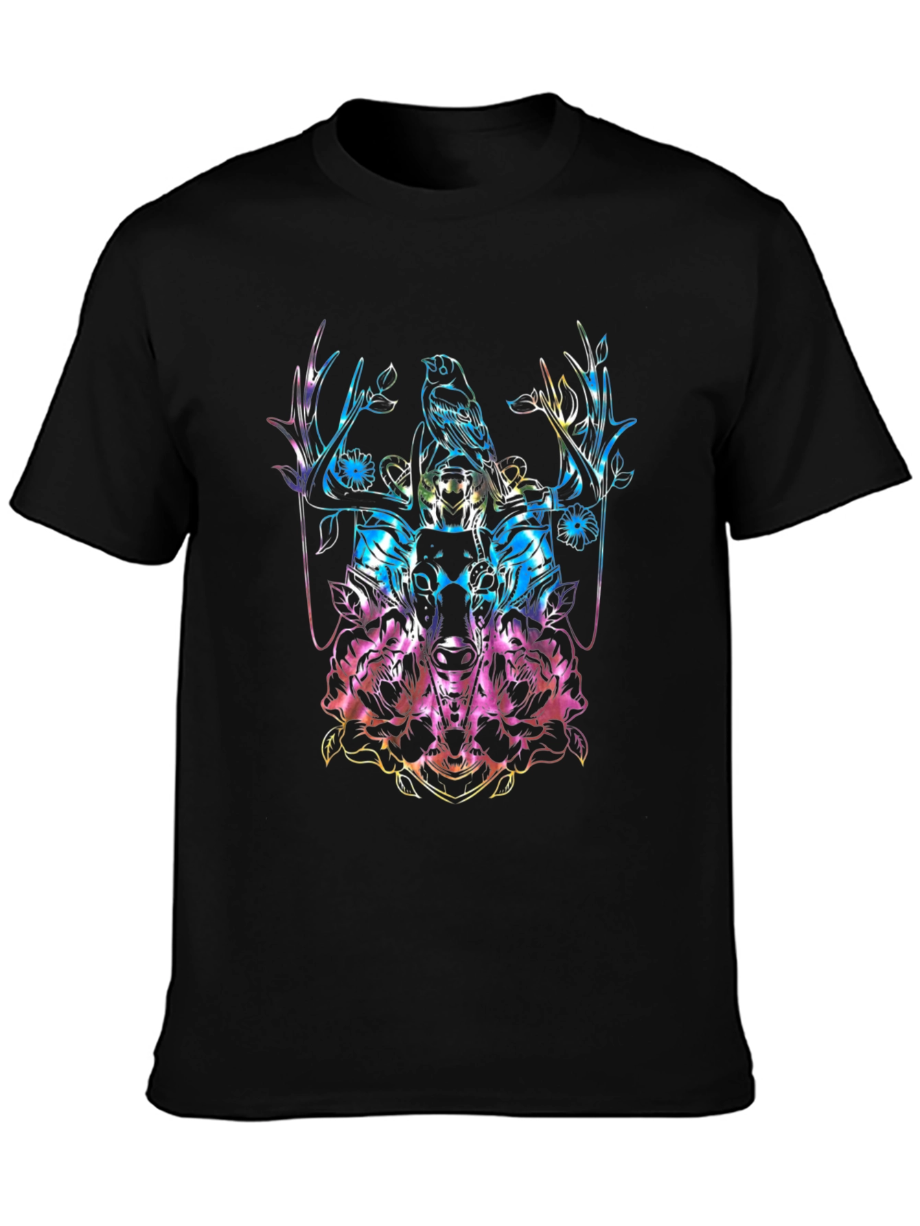 Bird & Stag Skull Floral T-Shirt - Colorful Graphic Tee