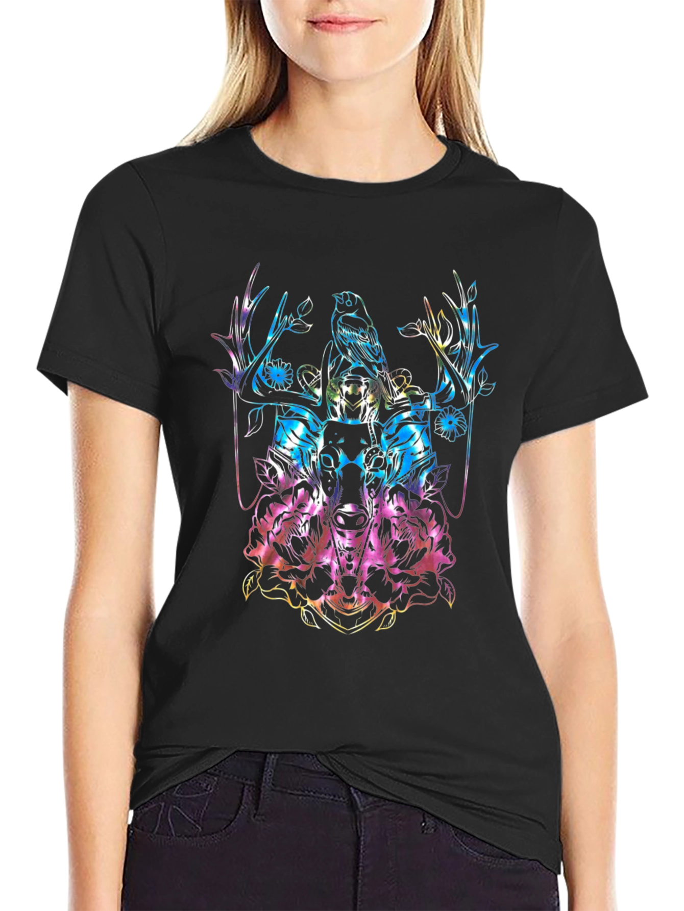 Bird & Stag Skull Floral T-Shirt - Colorful Graphic Tee