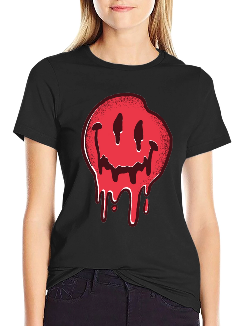 Melting Smiley Face Graphic Tee - Black Cotton T-Shirt