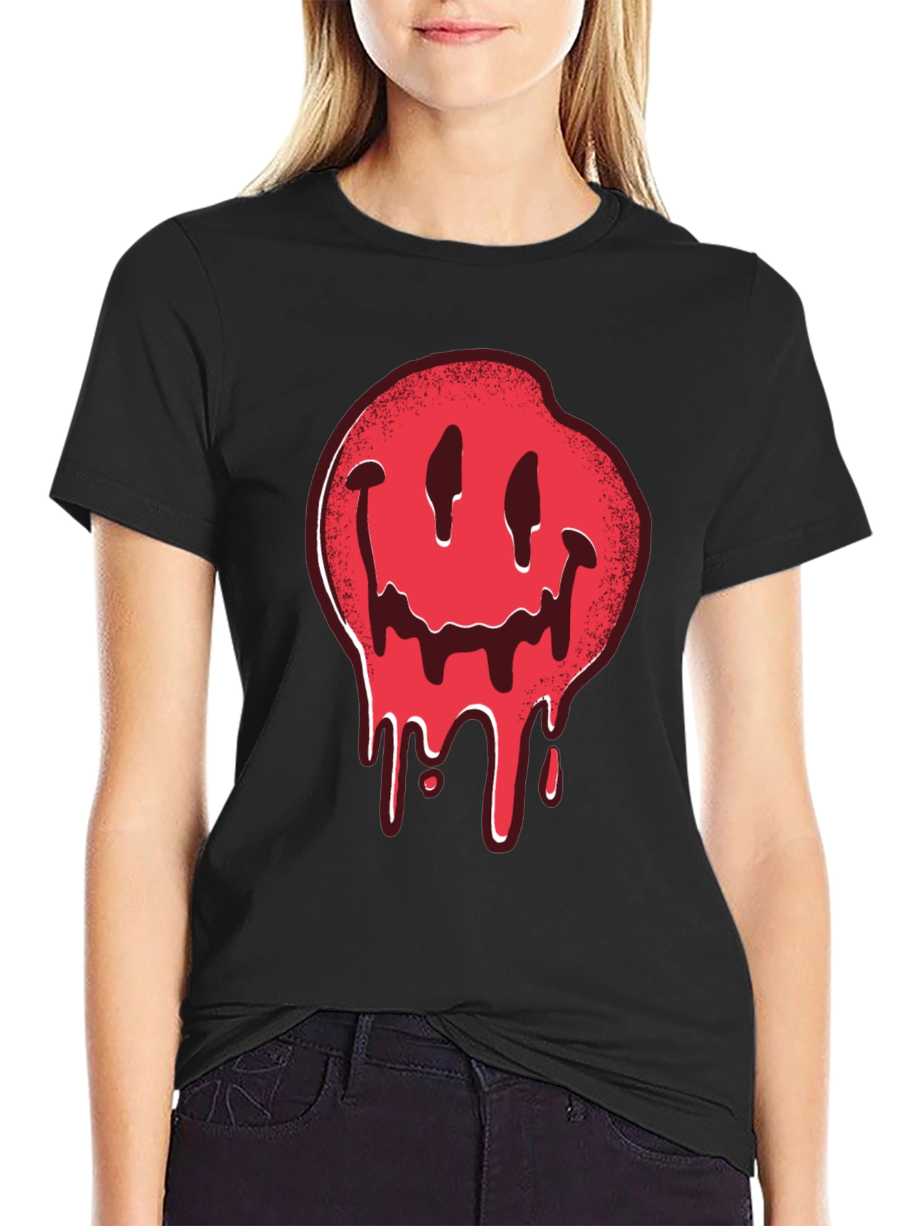 Melting Smiley Face Graphic Tee - Black Cotton T-Shirt